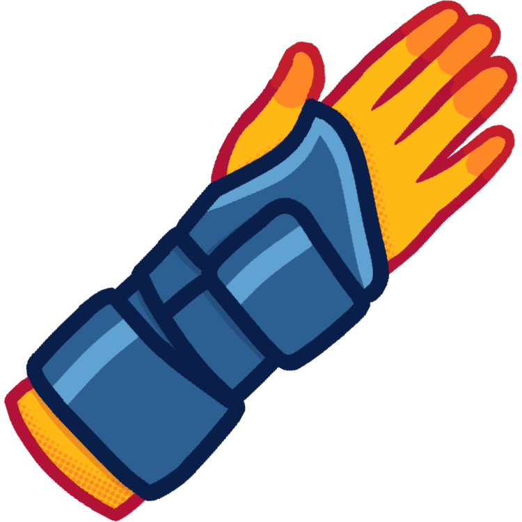 A cartoony drawing of a yellow person’s wrist and hand, they are wearing a blue wrist brace that has 2 straps, one at the top near the palm of the hand and one at the bottom.